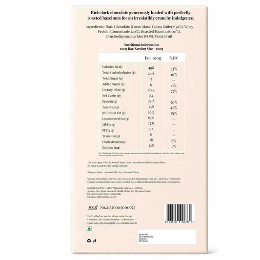 Hazelnuts (Italian) • 25g Protein • Sugar Free Dark Chocolate Bar • 100g