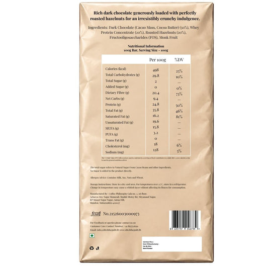 Hazelnuts (Italian) • 25g Protein • Sugar Free Dark Chocolate Bar • 100g