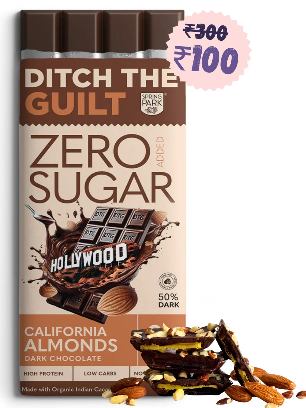 Almond Brittle Bar - Zero Sugar Dark Protein Chocolate - Sugar Free Caramel Center Filled & Topped With Almonds - High Protein - Sugar Free - 40g