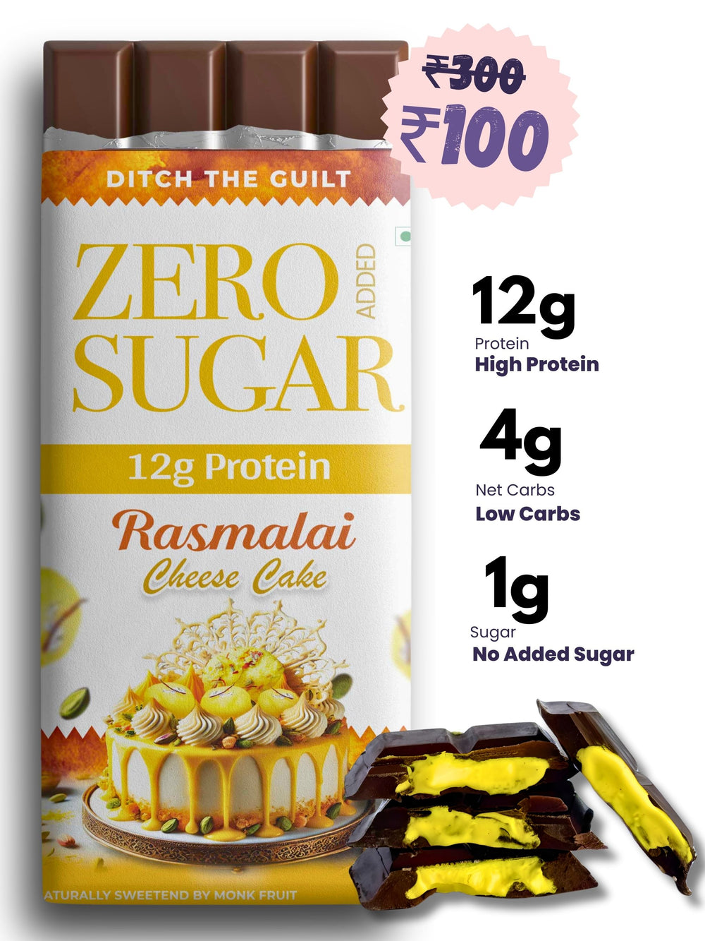 Rasmalai Cheese Cake - Sugar Free Protein Chocolate - Center Filled - High Protein  - 40g