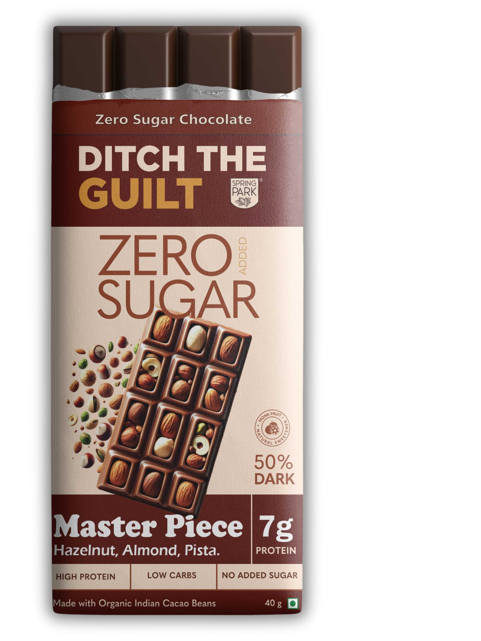 Master Piece I Dark Protein Chocolate I  Zero Sugar Added I 7g Protein I 1g Natural Sugar - 40g