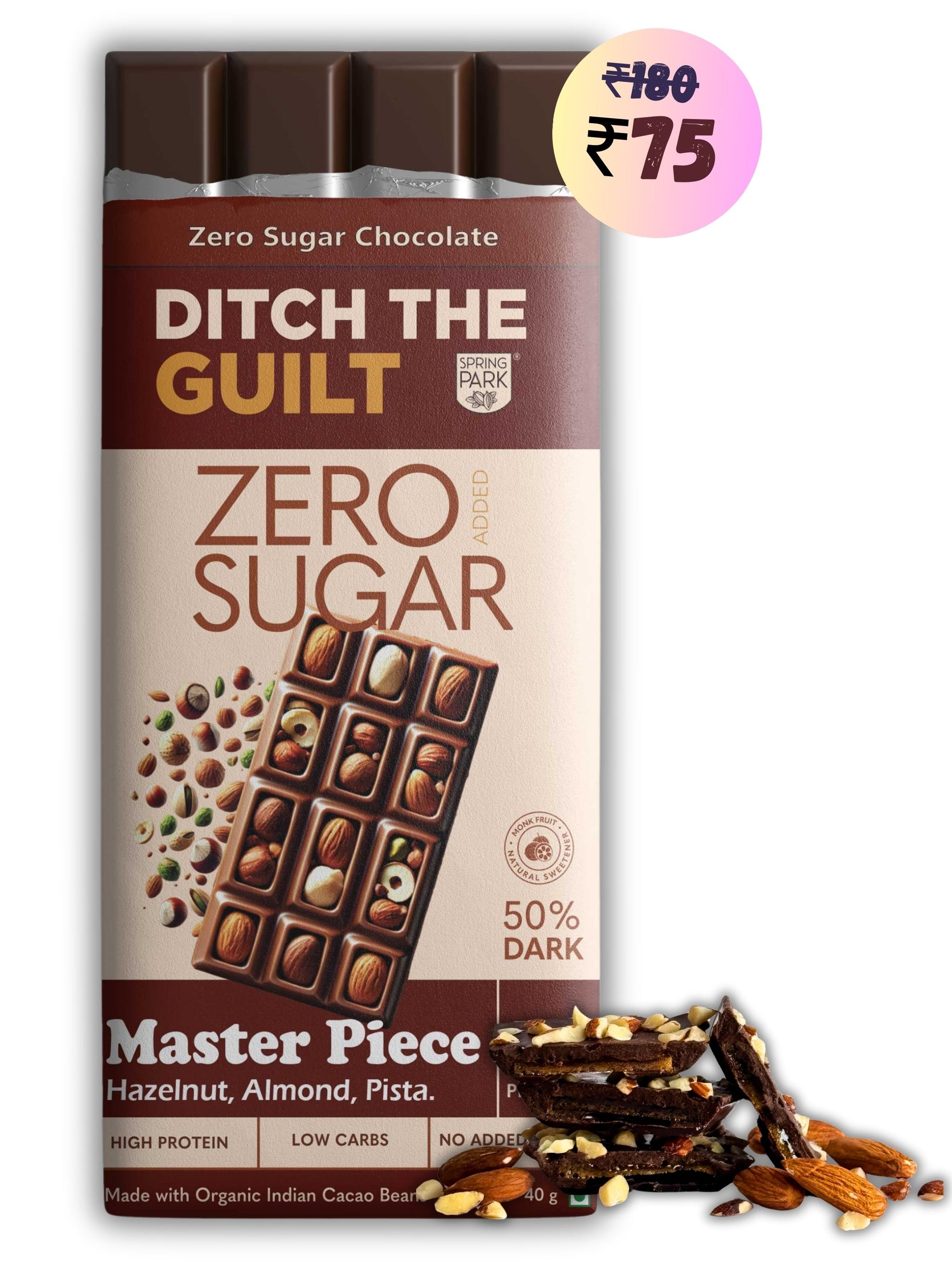 Master Piece I Dark Protein Chocolate I  Zero Sugar Added I 7g Protein I 1g Natural Sugar - 40g