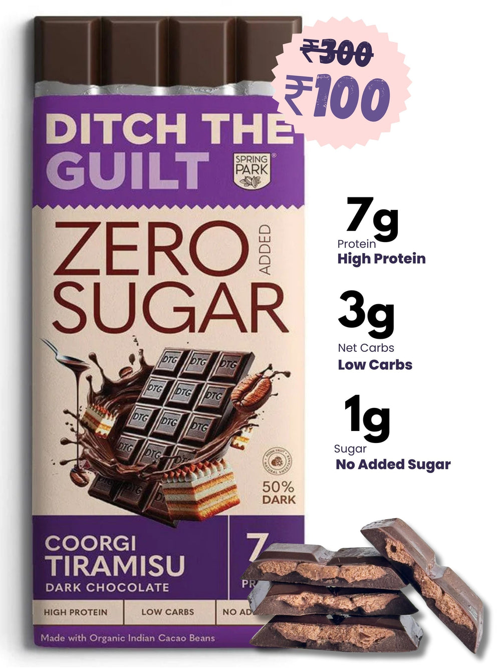 Coorgi TIRAMISU - Sugar Free Dark Protein Chocolate - Center Filled - High Protein  - 40g