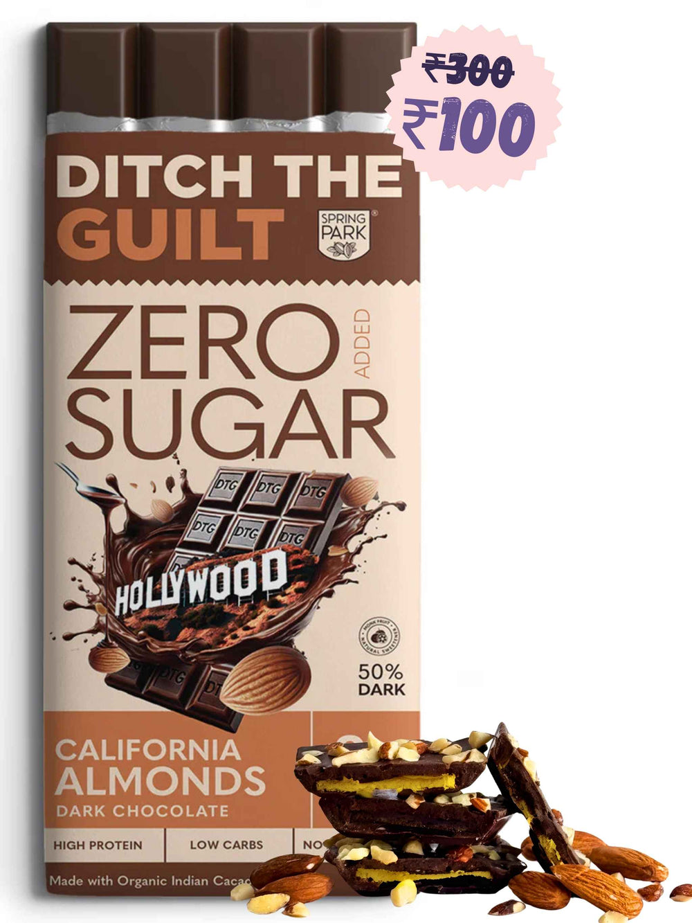 Almond Brittle Bar - Zero Sugar Dark Protein Chocolate - Sugar Free Caramel Center Filled & Topped With Almonds - High Protein - Sugar Free - 40g