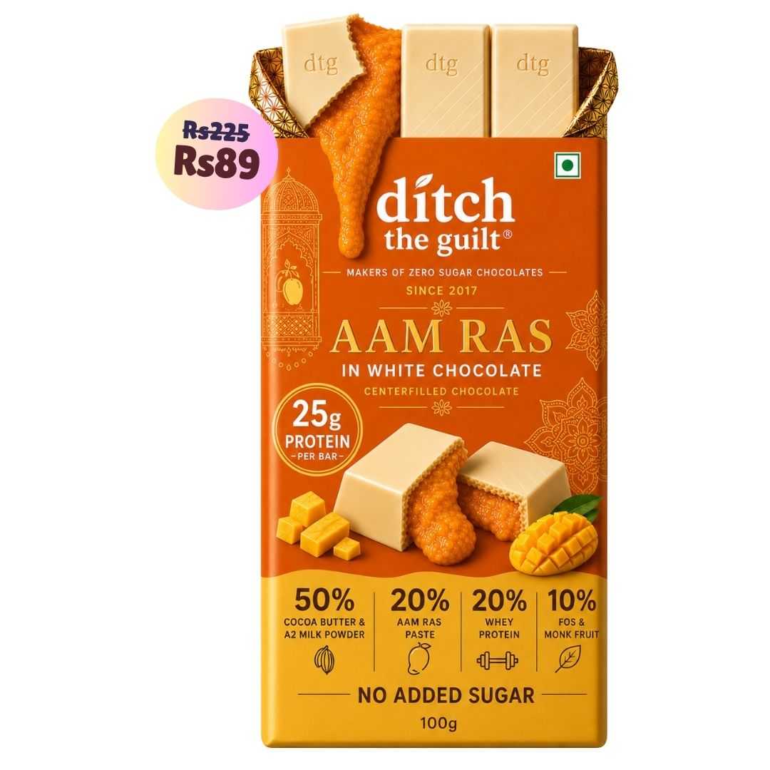 Aam Ras White Chocolate • 25g Protein • Sugar Free Center-Filled Chocolate Bar • 100g