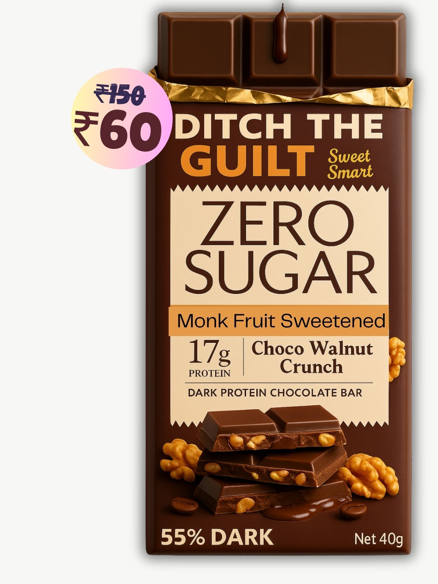 Walnut Crunch • 17g Protein •  Sugar Free Dark Chocolate • 40g bar