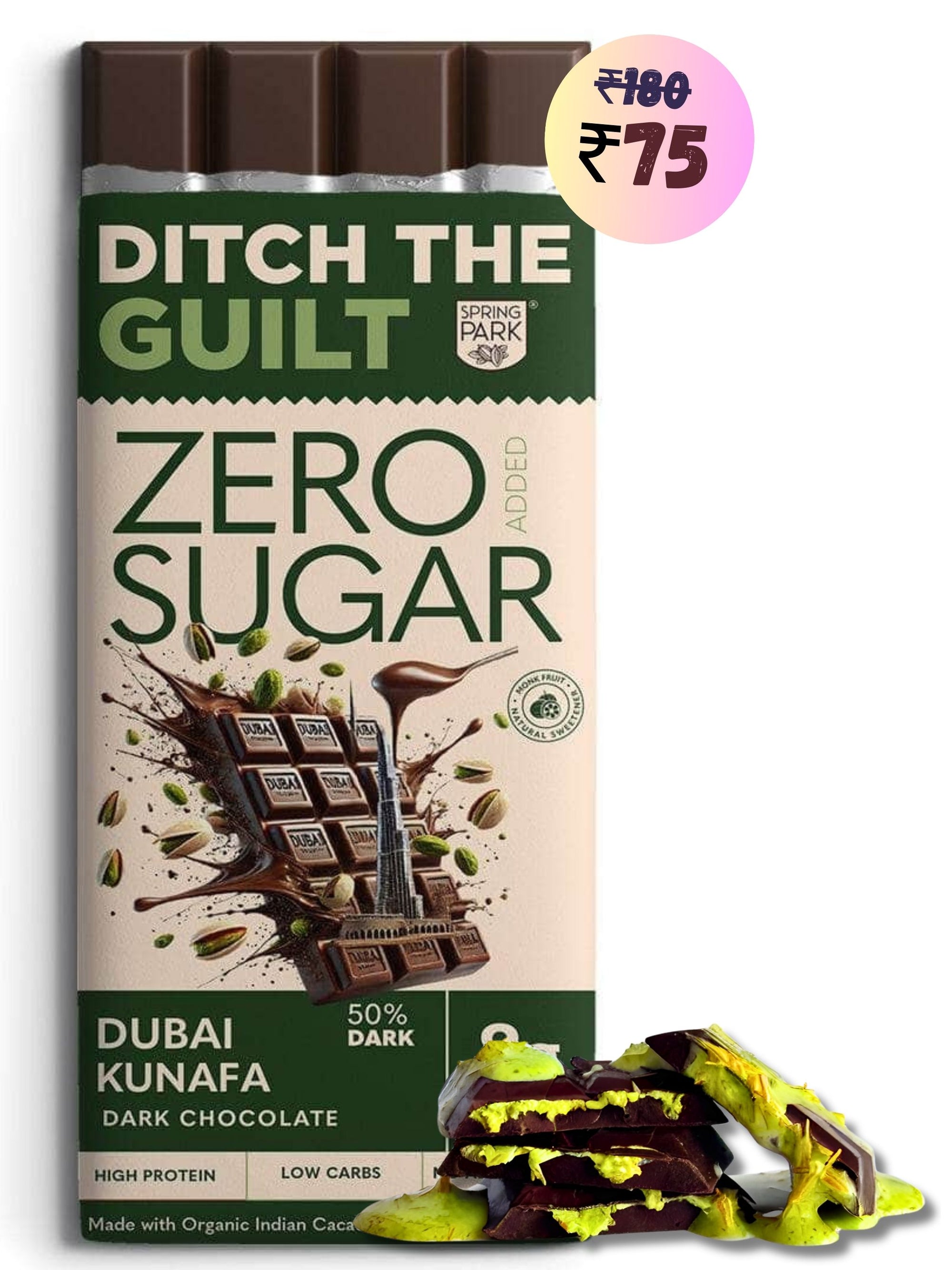 Dubai Kunafa I Dark Protein Chocolate I  Zero Sugar Added I 8g Protein I 1g Natural Sugar - 40g