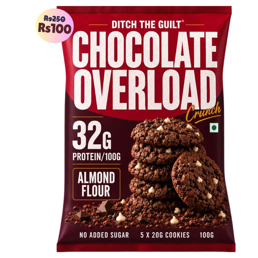 Chocolate Overload Cookies (5x20g Cookies)• 32g Protein Per Pack • Sugar-Free & High Protein Almond Flour Cookies • 100g