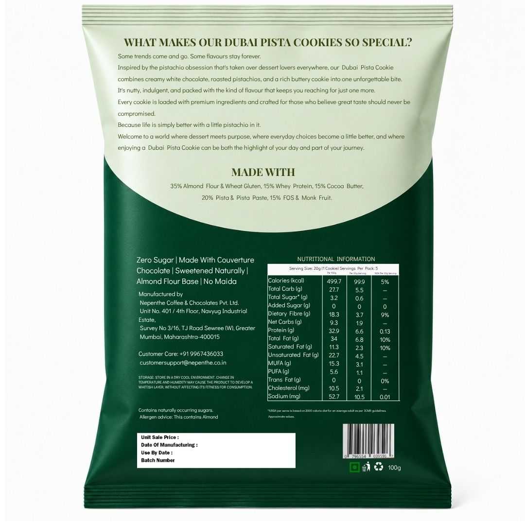 Dubai Pista Cookies (5x20g Cookies)• 33g Protein Per Pack • Sugar-Free & High Protein Almond Flour Cookies • 100g