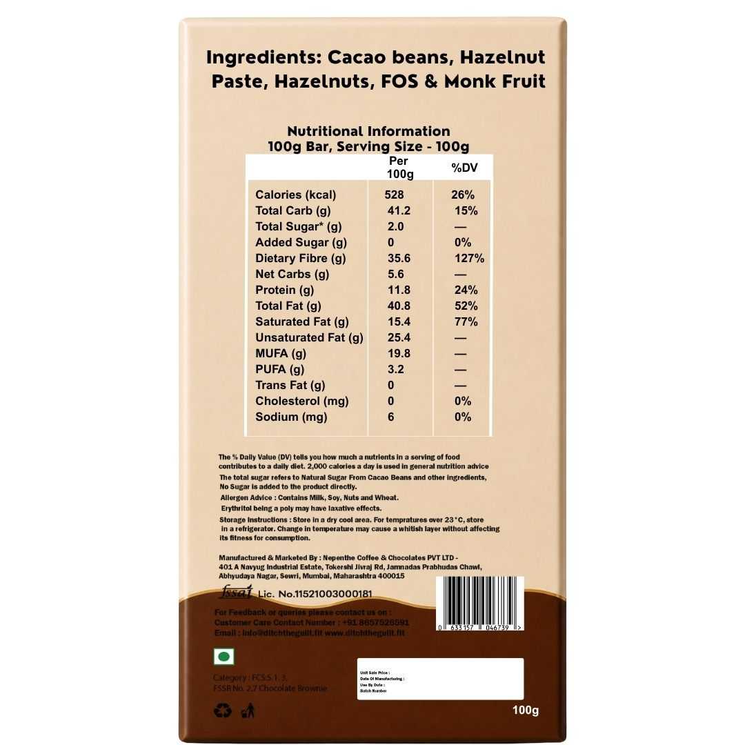 Hazelnut Spread • Sugar Free Center-Filled Chocolate Bar • 100g