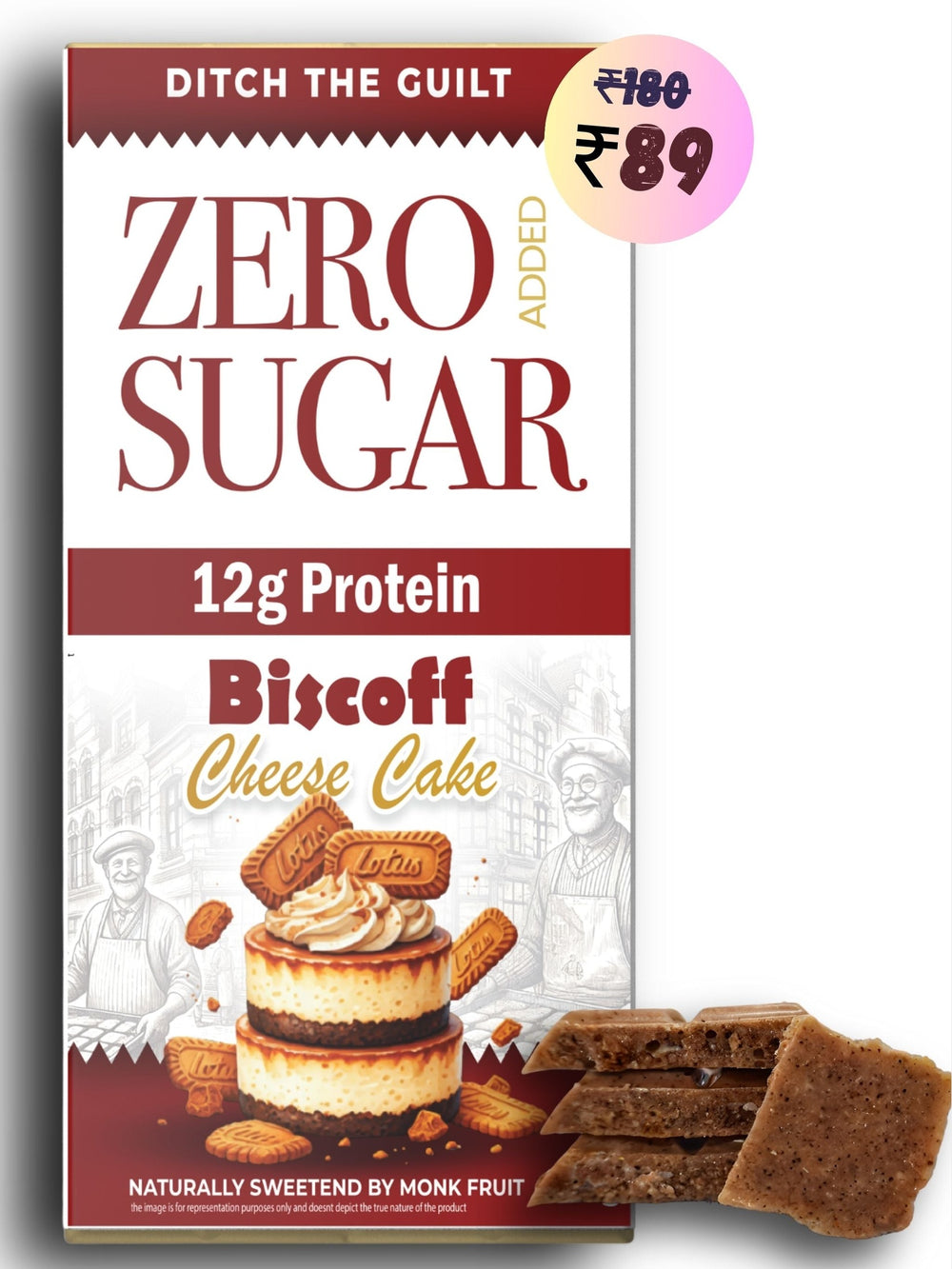 Biscoff Cheese Cake I White Protein Chocolate I  Zero Sugar Added I 12g Protein I 1g Natural Sugar - 40g