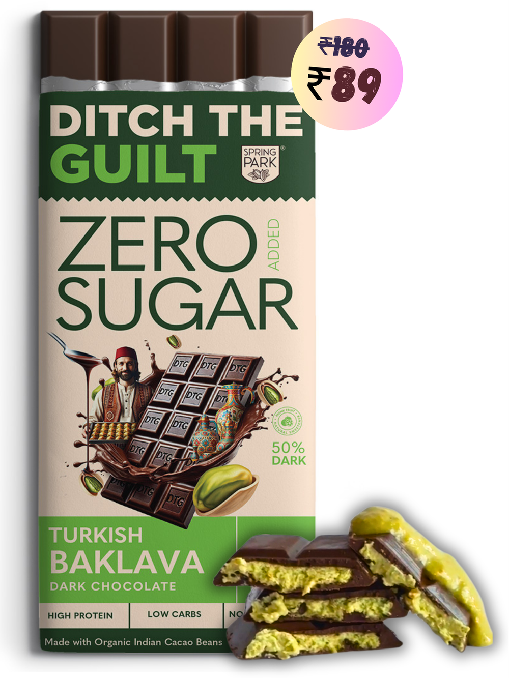 Turkish Baklava I Dark Protein Chocolate I  Zero Sugar Added I 9g Protein I 1g Natural Sugar - 40g