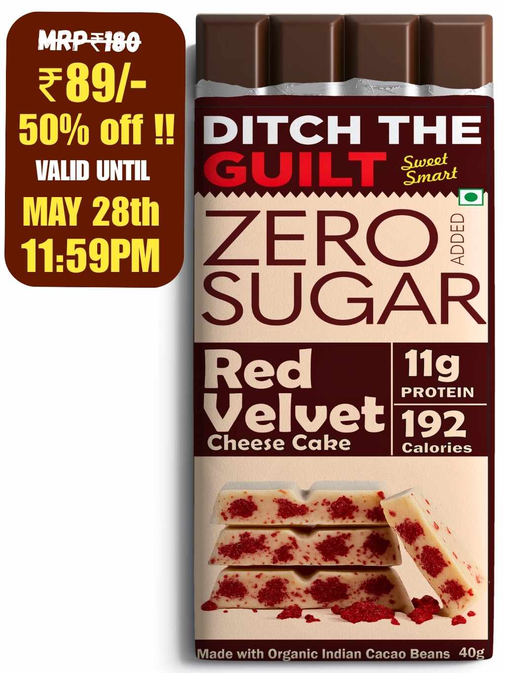 Red Velvet Cheese Cake I White High Protein Sugar Free Chocolate I 11g Protein I 192 Calories I 40g