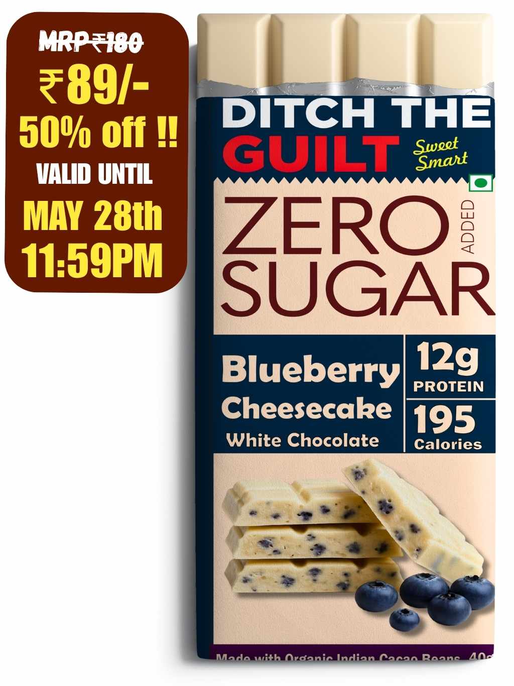 Blueberry Cheese Cake I White High Protein Sugar Free Chocolate I 11g Protein I 195 Calories I 40g