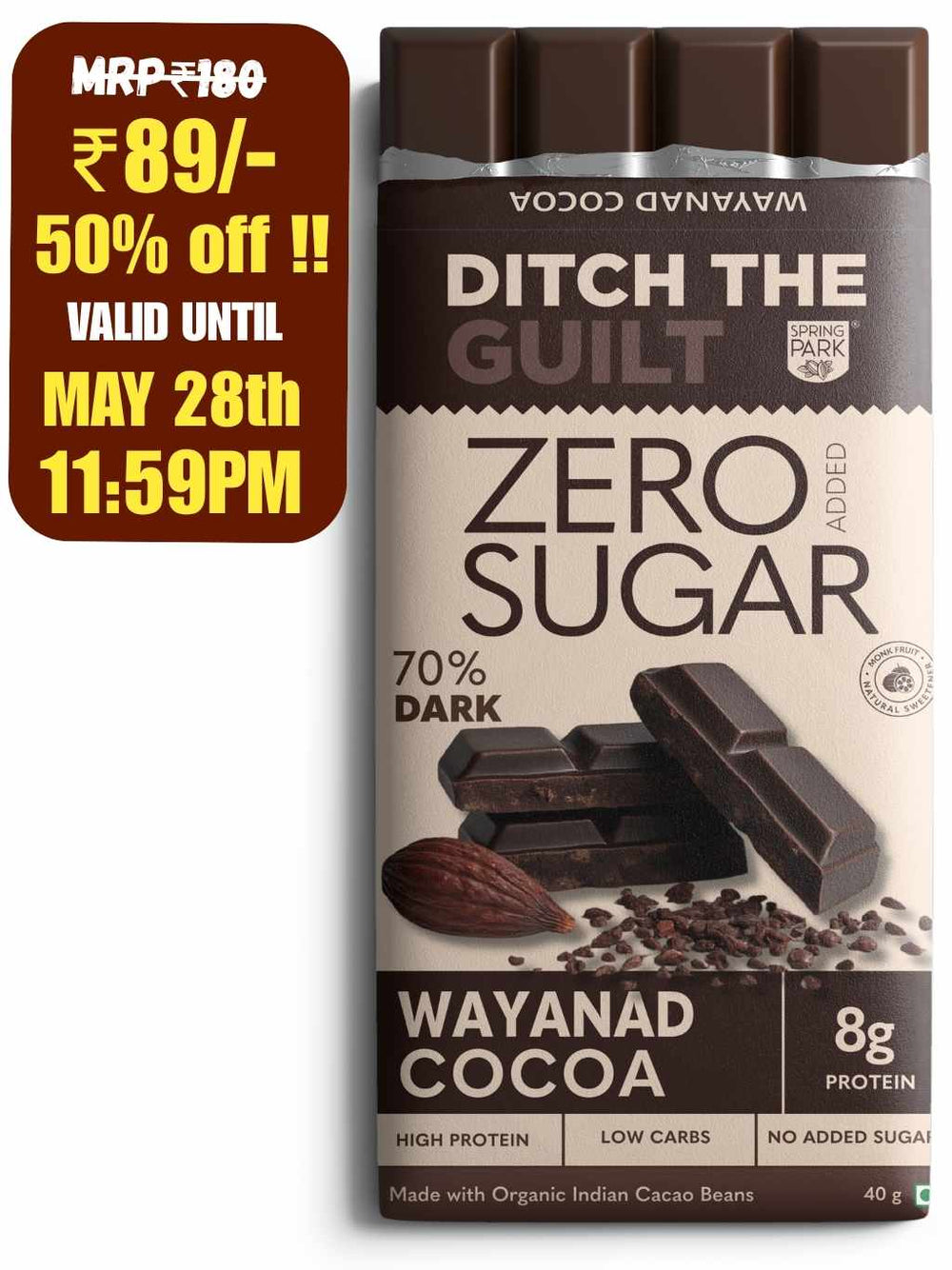 70% Wayanad Cacao  I Sugar Free Dark Protein Chocolate I 8g Protein I 145 Calories - 40g