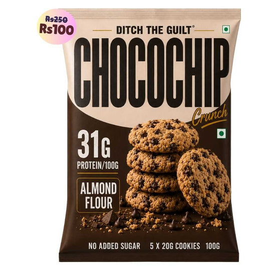 Choco Chip Cookies (5x20g Cookies)• 31g Protein Per Pack • Sugar-Free & High Protein Almond Flour Cookies • 100g
