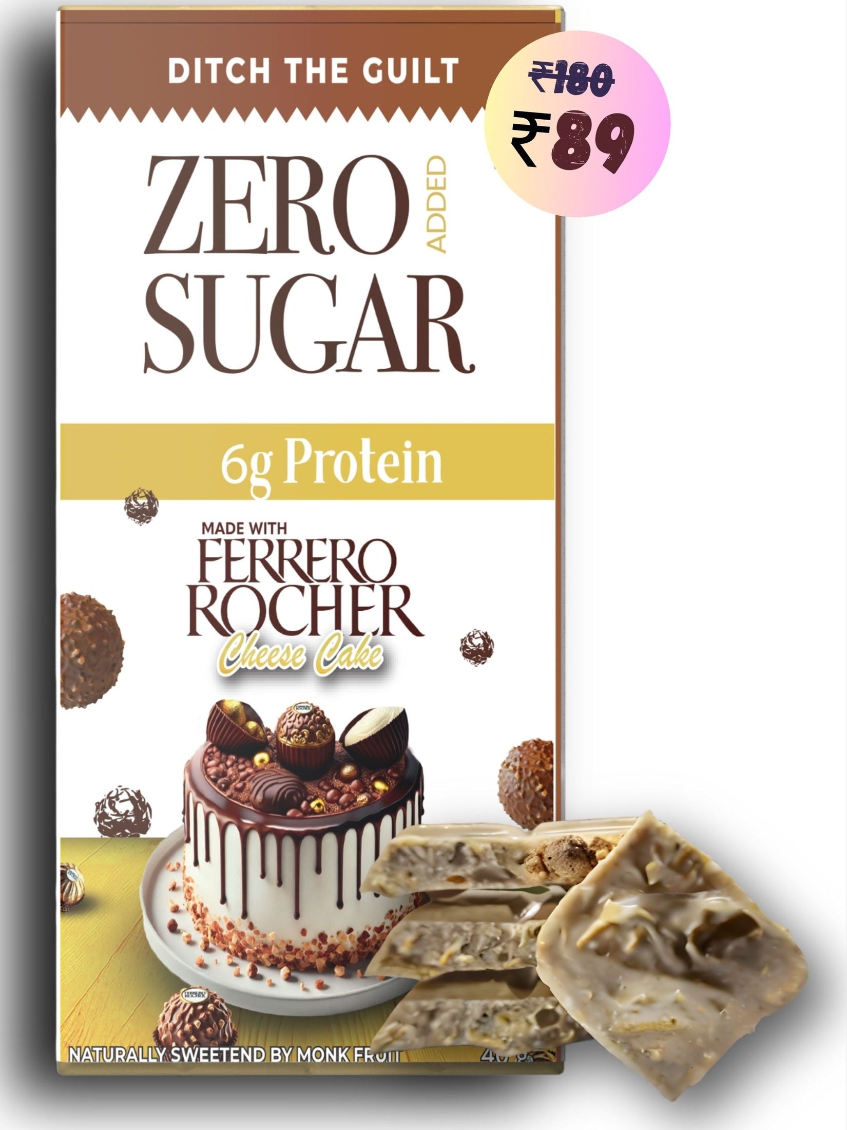 Ferrero Rocher Cheese Cake I White Protein Chocolate I  Zero Sugar Added I 6g Protein I 2g Natural Sugar - 40g