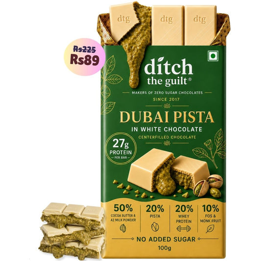 Dubai Pista White Chocolate • 27g Protein • Sugar Free Center-Filled Chocolate Bar • 100g