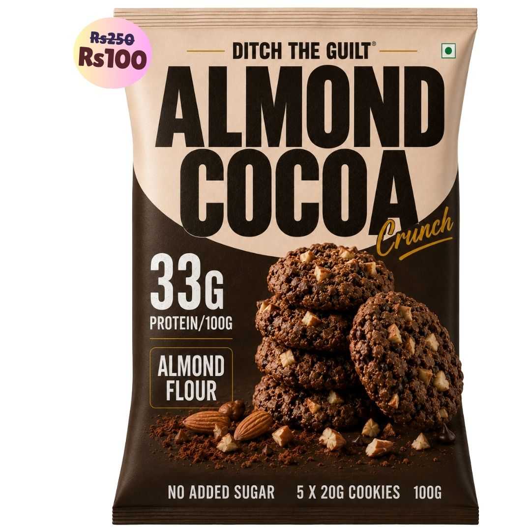 Almond Cocoa Crunch Cookies (5x20g Cookies)• 33g Protein Per Pack • Sugar-Free & High Protein Almond Flour Cookies • 100g