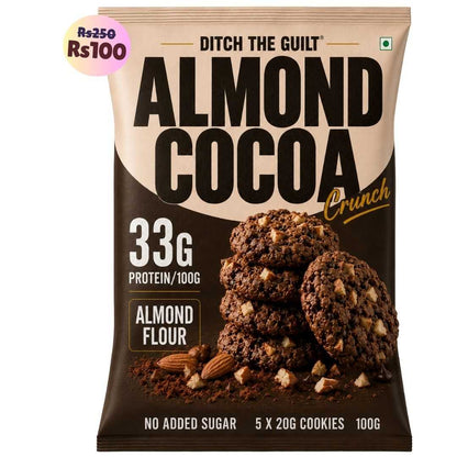 Almond Cocoa Crunch Cookies (5x20g Cookies)• 33g Protein Per Pack • Sugar-Free & High Protein Almond Flour Cookies • 100g