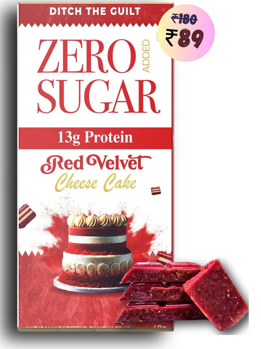 Red Velvet Cream Cheese Cake I White Protein Chocolate I  Zero Sugar Added I 13g Protein I 1g Natural Sugar - 40g