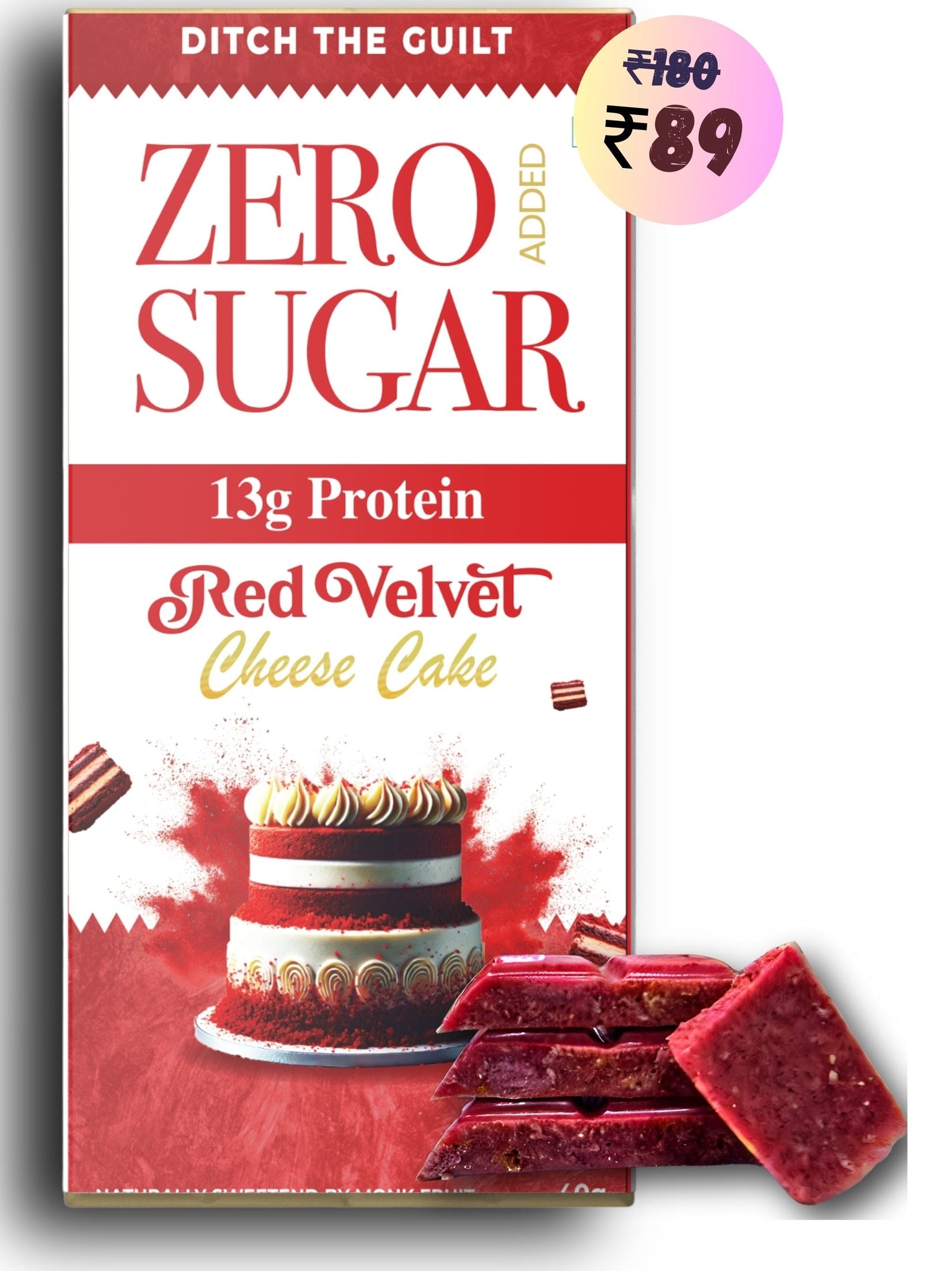Red Velvet Cream Cheese Cake I White Protein Chocolate I  Zero Sugar Added I 13g Protein I 1g Natural Sugar - 40g