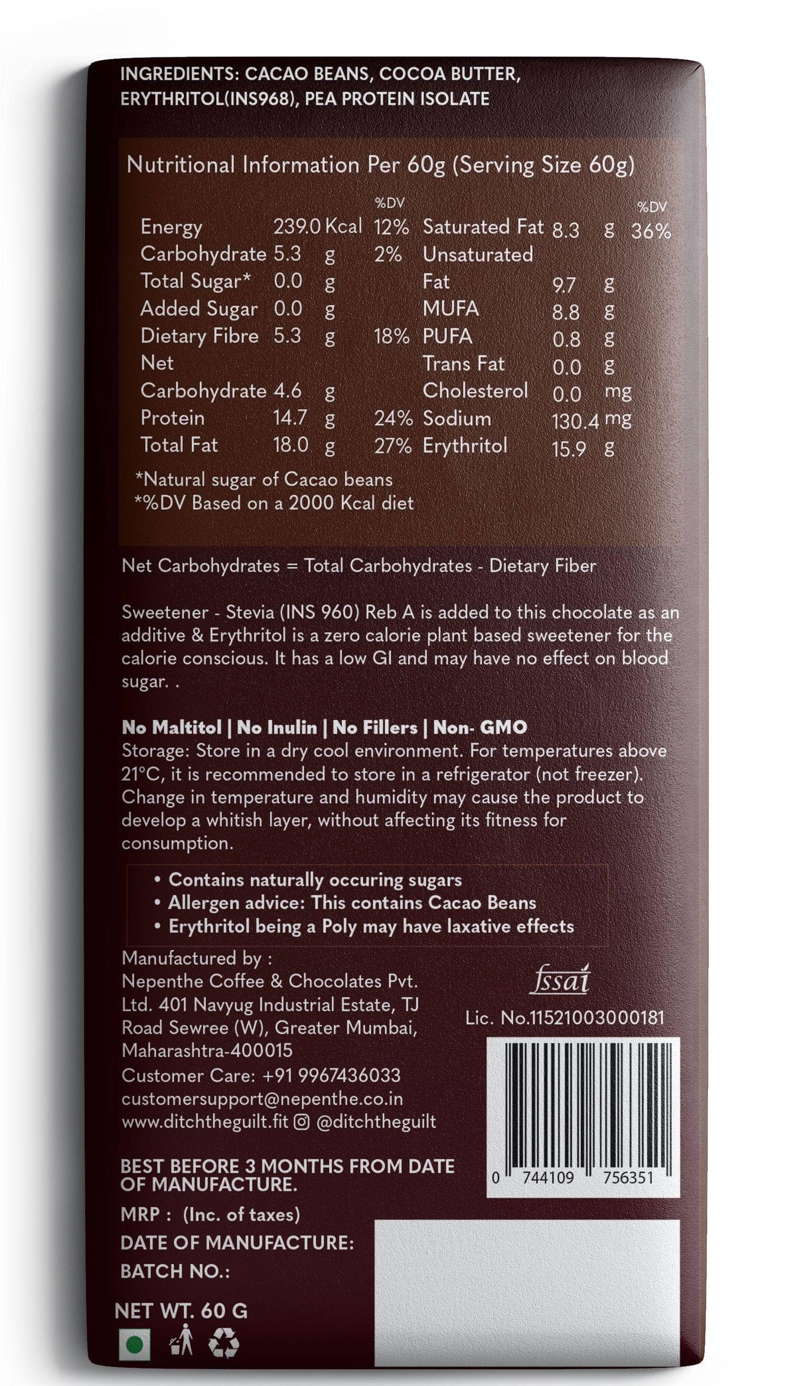 50% Cacao Vegan Dark Chocolate - Zero Sugar Added - Stevia Sweetened - Low Net Carbs - 60g Bar - ditchtheguilt.fit