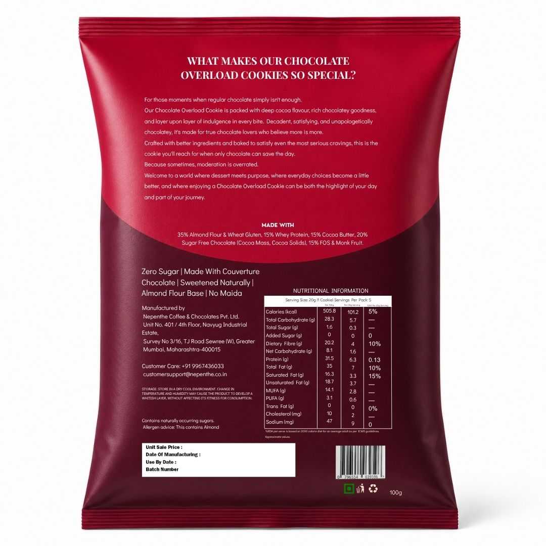 Chocolate Overload Cookies (5x20g Cookies)• 32g Protein Per Pack • Sugar-Free & High Protein Almond Flour Cookies • 100g