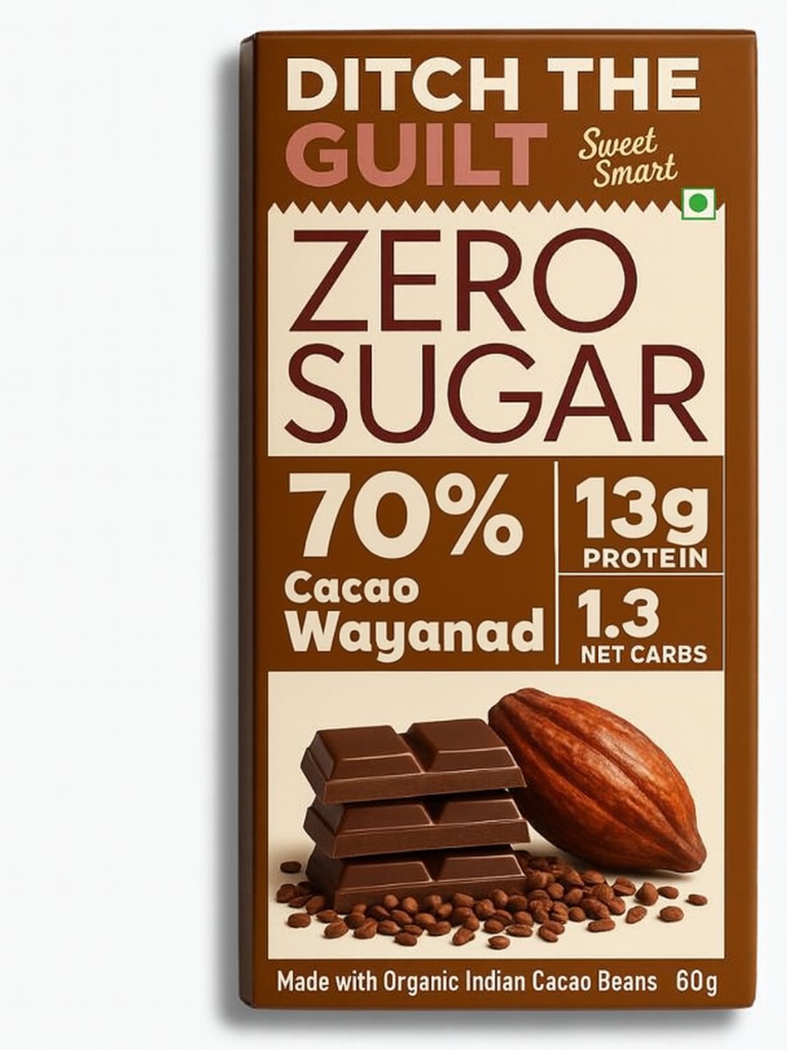 70% Wayanad Indian Cacao • 13g Protein •  Sugar Free Dark Chocolate • 40g