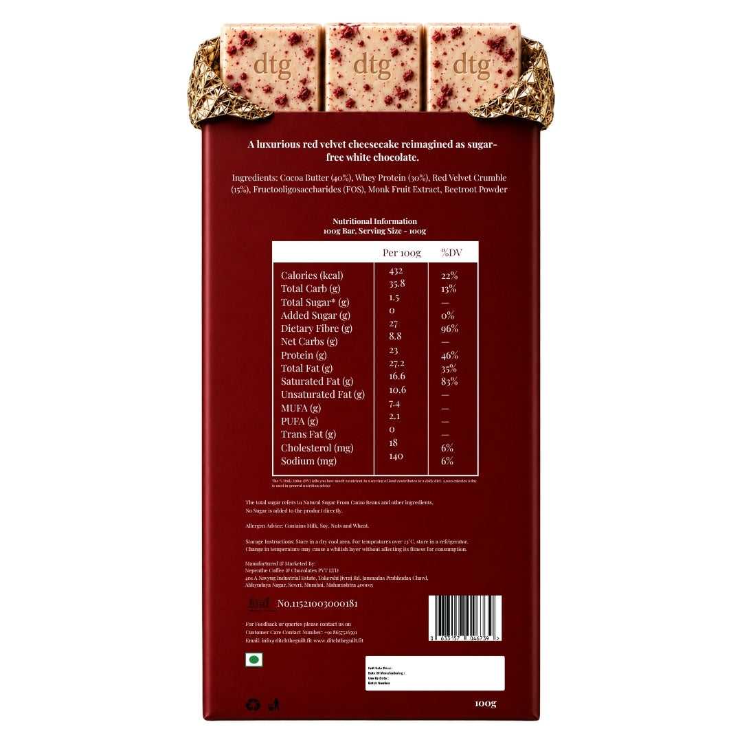 Red Velvet Cheesecake • 23g Protein • Sugar Free White Chocolate Bar • 100g