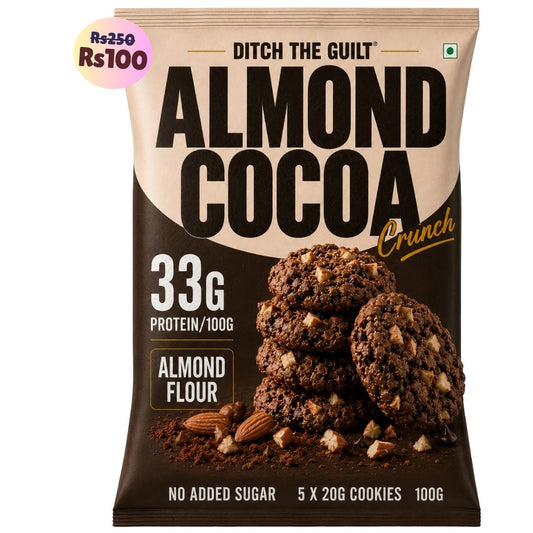 Almond Cocoa Crunch Cookies (5x20g Cookies)• 33g Protein Per Pack • Sugar-Free & High Protein Almond Flour Cookies • 100g