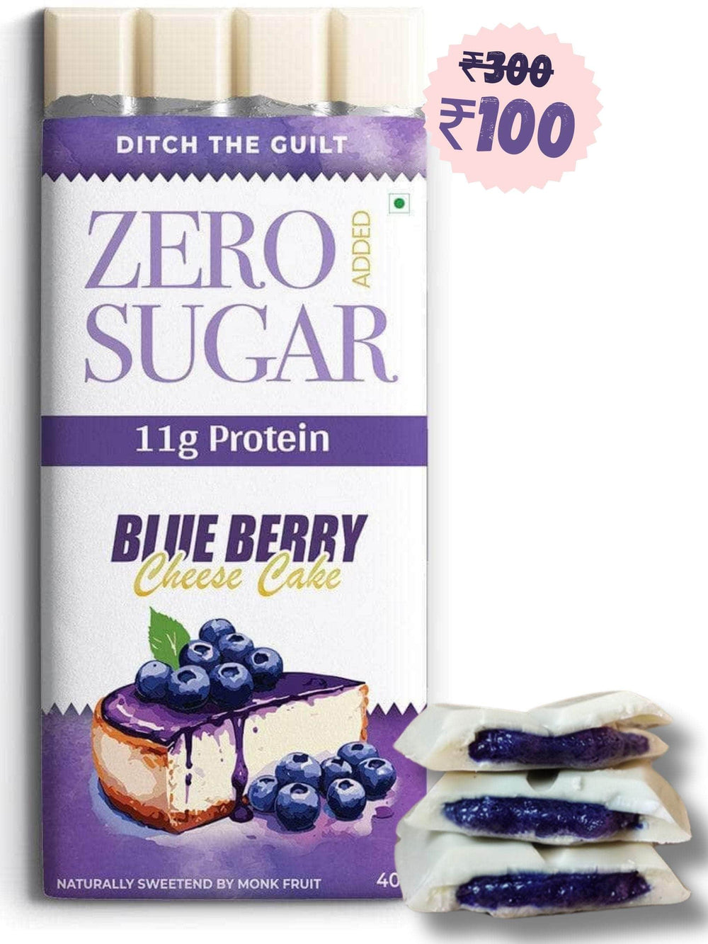 Blueberry Cheese Cake - Sugar Free White Protein Chocolate - Center Filled - High Protein  - 40g