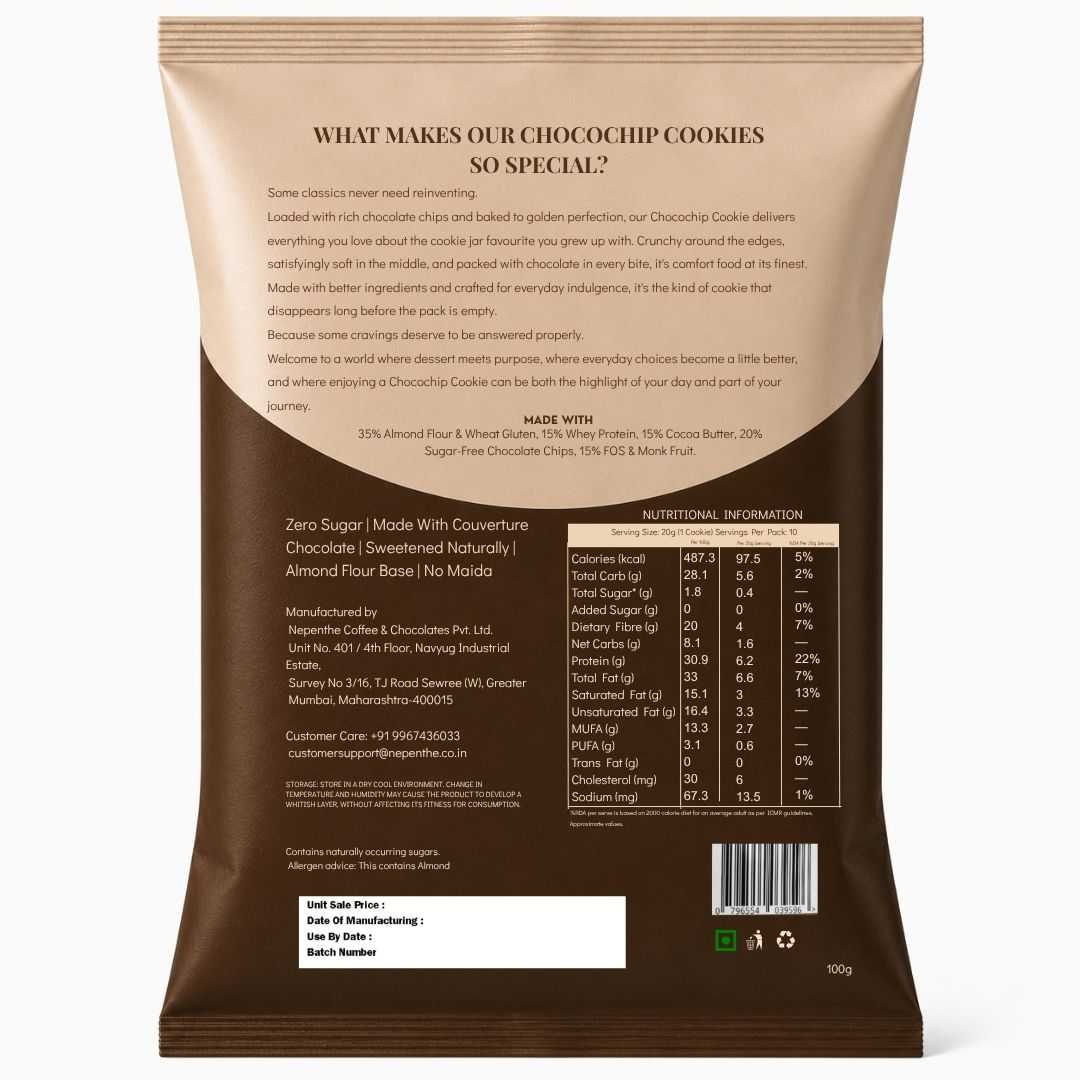 Choco Chip Cookies (5x20g Cookies)• 31g Protein Per Pack • Sugar-Free & High Protein Almond Flour Cookies • 100g