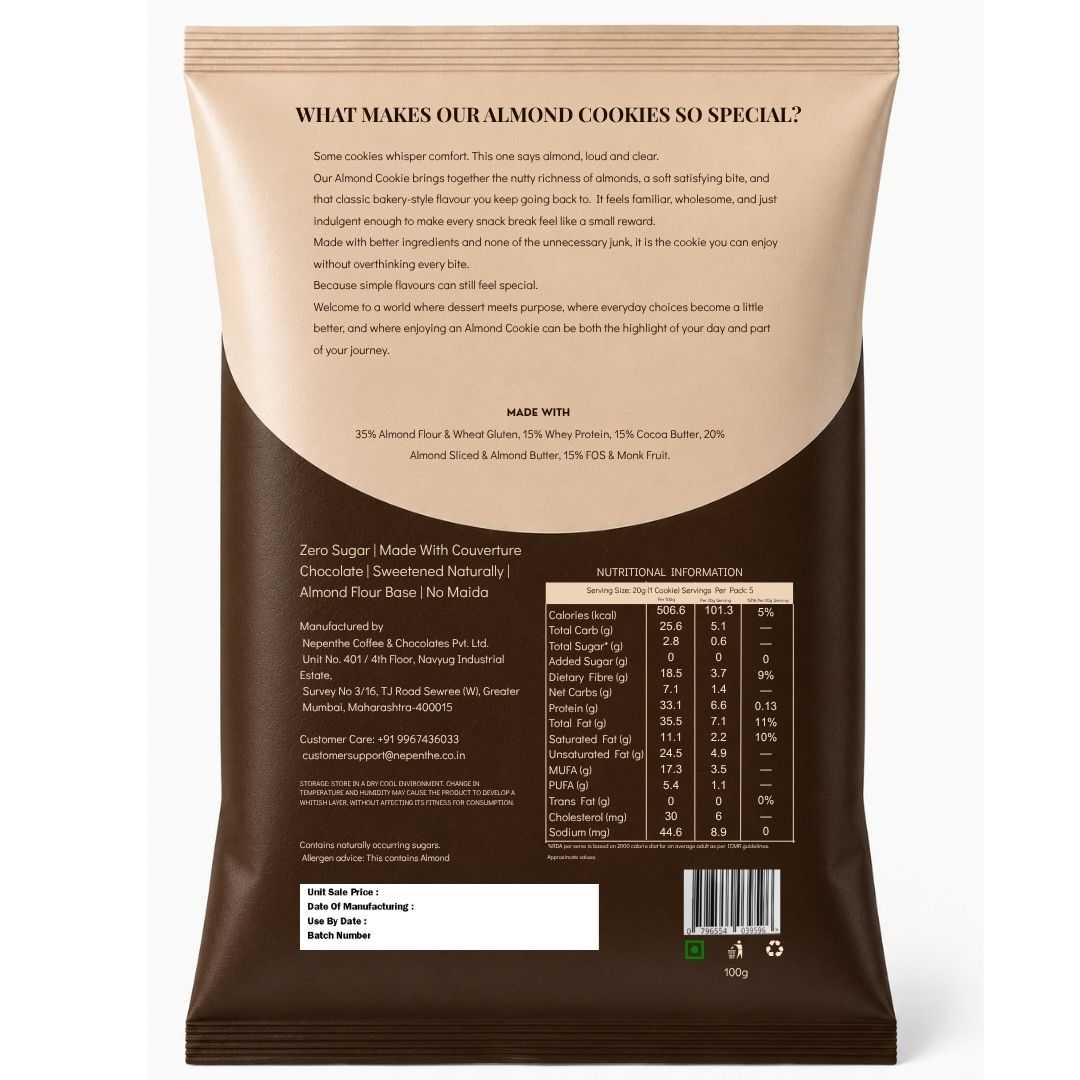 Almond Cocoa Crunch Cookies (5x20g Cookies)• 33g Protein Per Pack • Sugar-Free & High Protein Almond Flour Cookies • 100g