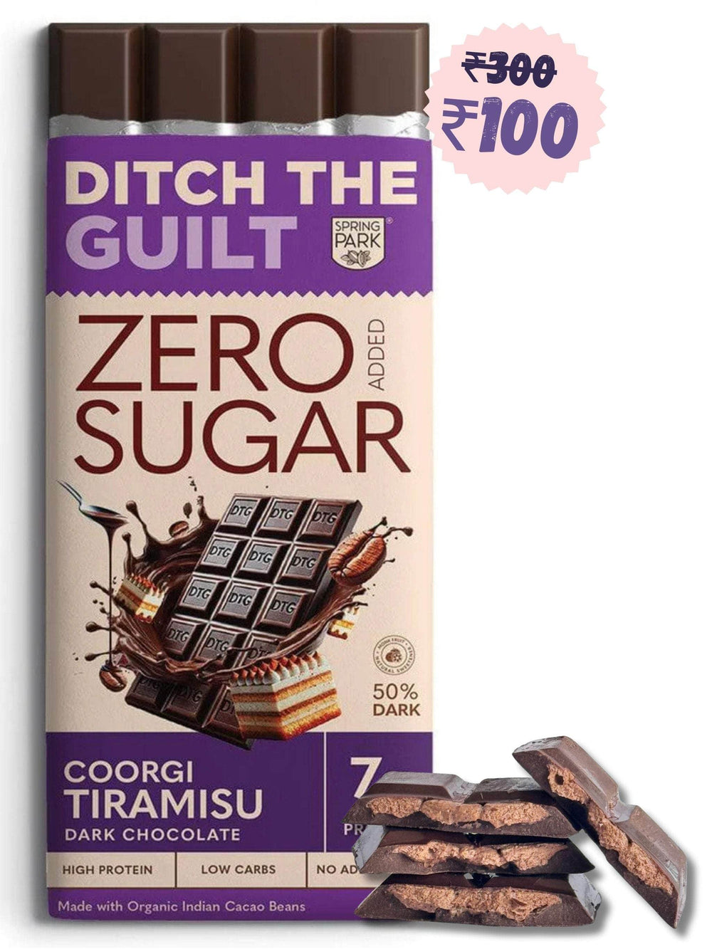 Coorgi TIRAMISU - Sugar Free Dark Protein Chocolate - Center Filled - High Protein  - 40g