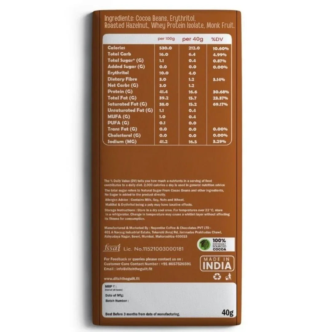 Roasted Mighty Hazelnut • 17g Protein • Sugar Free High Protein Chocolate • 40g - Ditch The Guilt