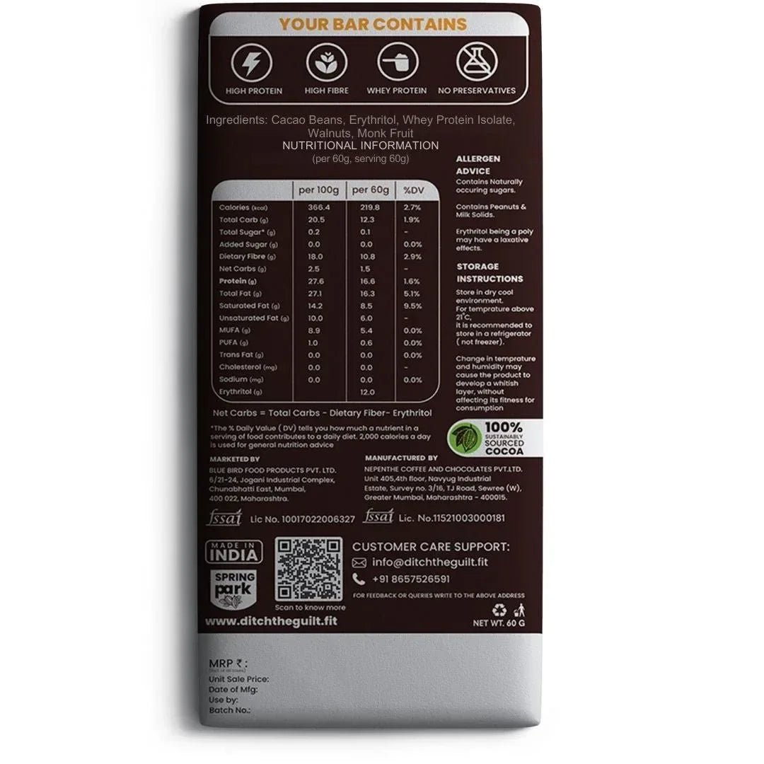 Walnuts • 17g Protein • Sugar Free High Protein Chocolate • 40g - Ditch The Guilt