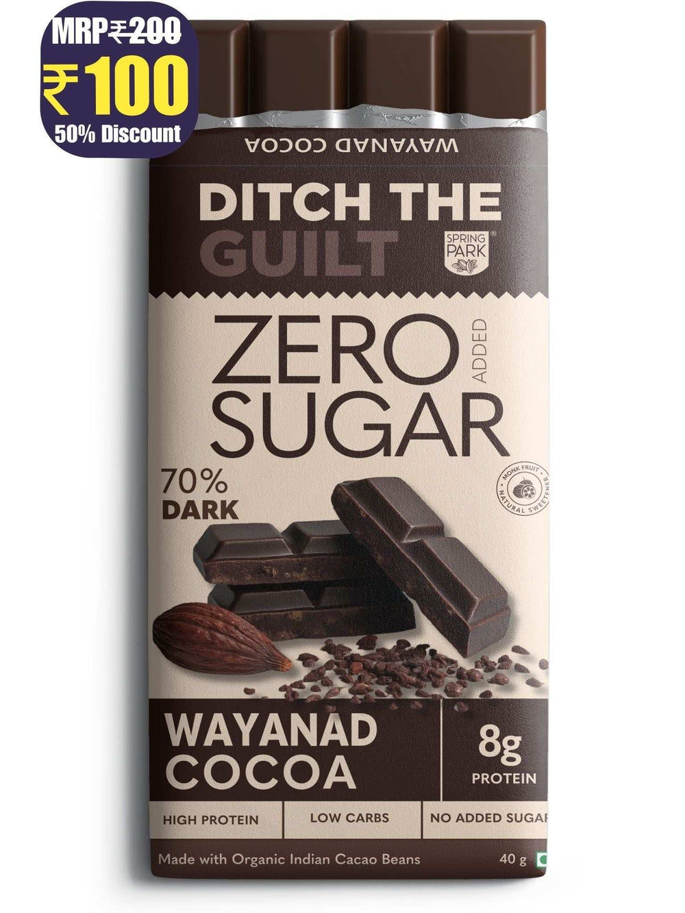 70% Wayanad Cacao  - Sugar Free Dark Protein Chocolate - High Protein  - 40g