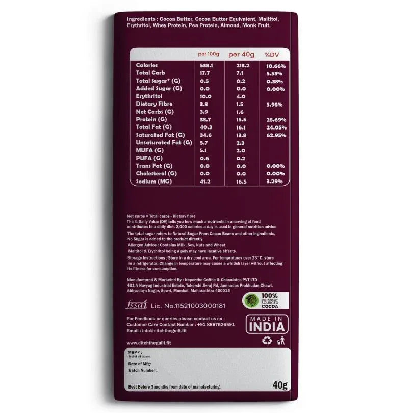 Roasted Almonds Dark Chocolate • 15g Protein • Sugar Free & High Protein • 40g - Ditch The Guilt