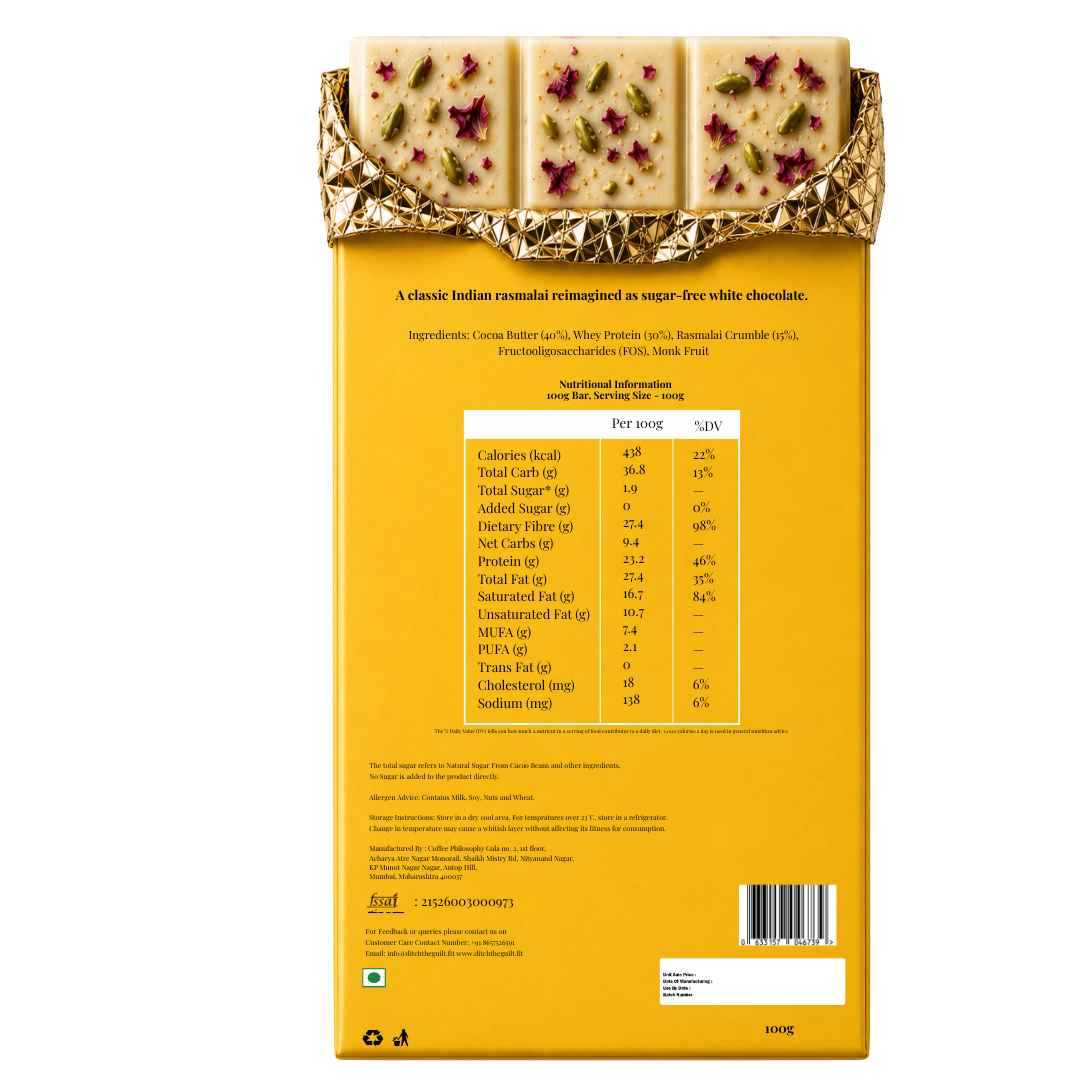 Rasmalai Cheesecake  • 23g Protein • Sugar Free White Chocolate Bar • 100g