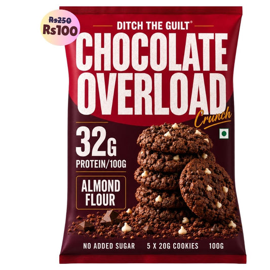 Chocolate Overload Cookies (5x20g Cookies)• 32g Protein Per Pack • Sugar-Free & High Protein Almond Flour Cookies • 100g