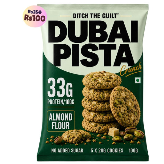 Dubai Pista Cookies (5x20g Cookies)• 33g Protein Per Pack • Sugar-Free & High Protein Almond Flour Cookies • 100g