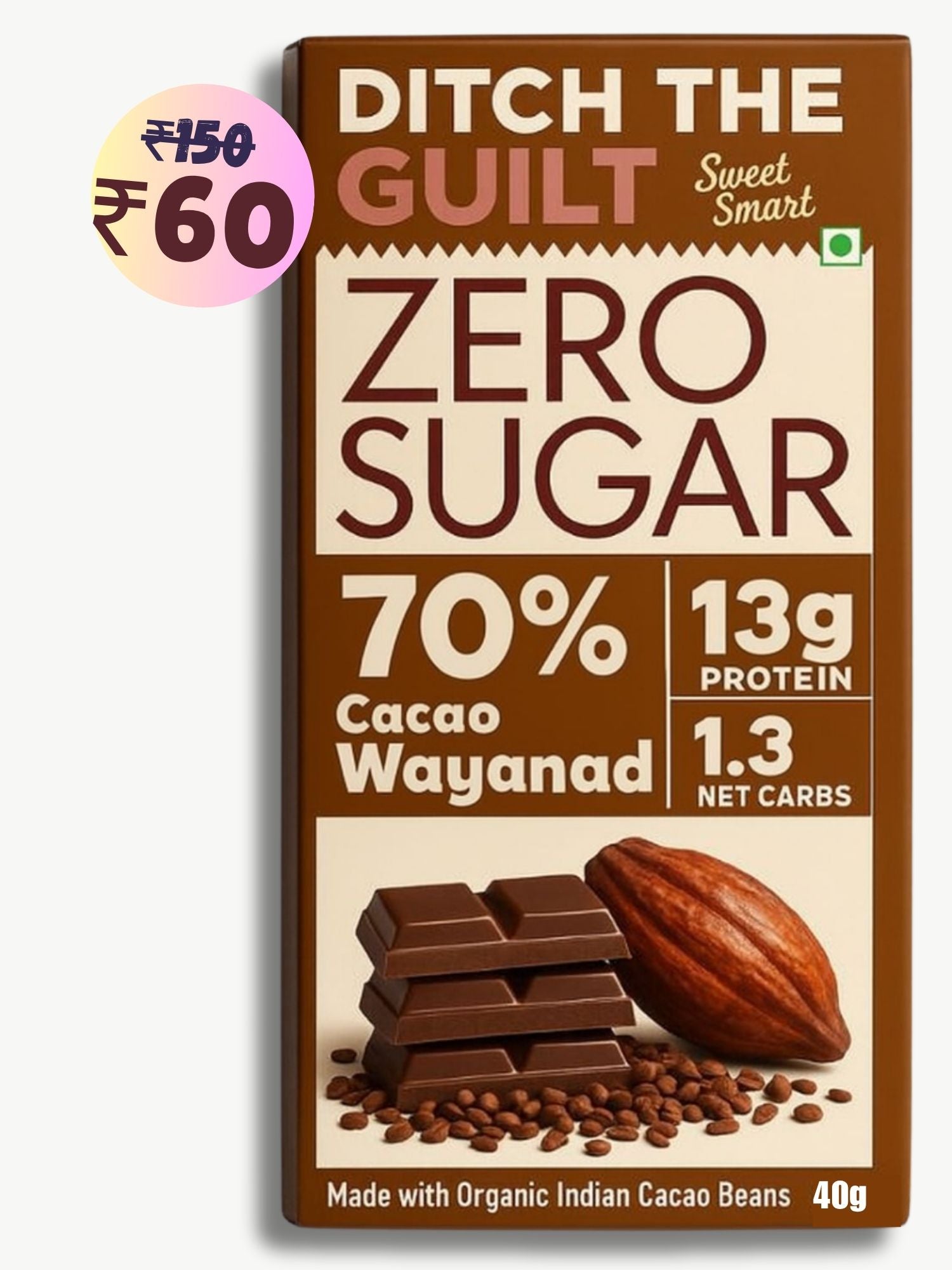 70% Wayanad Indian Cacao • 13g Protein • Sugar Free Dark Chocolate • 40g bar