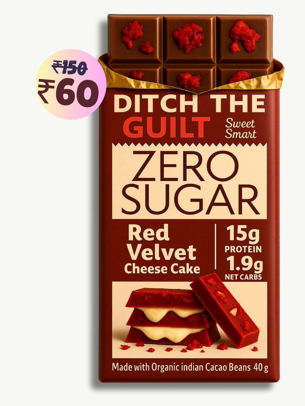 Red Velvet Cheese Cake • 15g Protein • Sugar Free Dark Chocolate • 40g bar