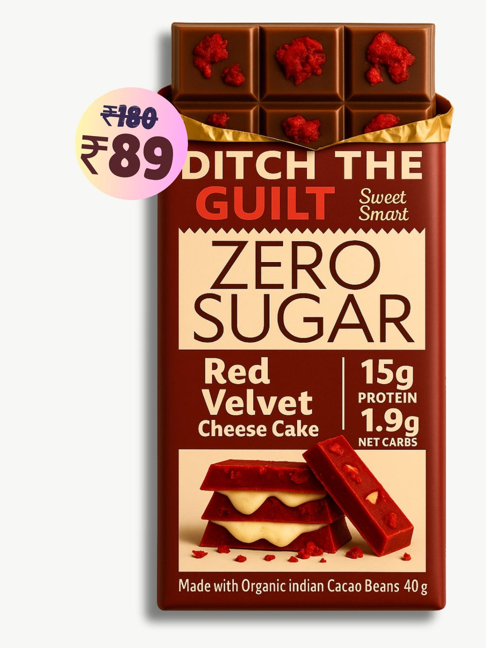 Red Velvet Cheese Cake • 15g Protein • Sugar Free Dark Chocolate • 40g bar