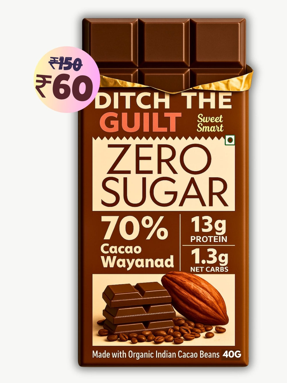 70% Wayanad Indian Cacao • 13g Protein • Sugar Free Dark Chocolate • 40g bar