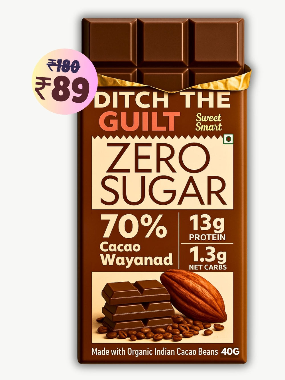 70% Wayanad Indian Cacao • 13g Protein • Sugar Free Dark Chocolate • 40g bar