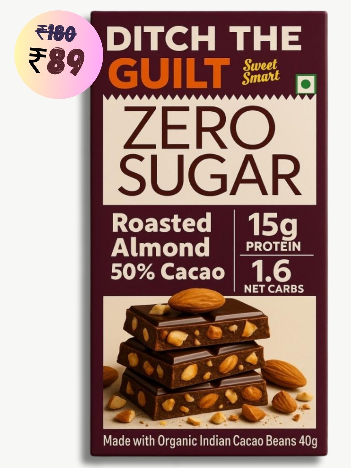 Roasted California Almonds  • 15g Protein •  Sugar Free Dark Chocolate • 40g