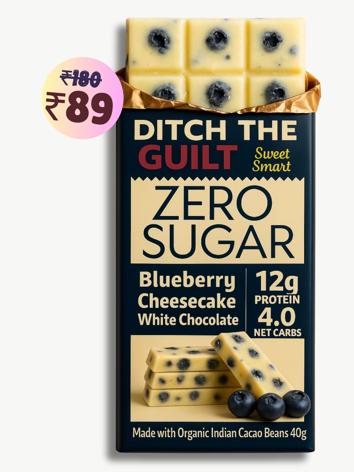 Blueberry Cheese Cake • 12g Protein • Sugar Free Dark Chocolate • 40g bar