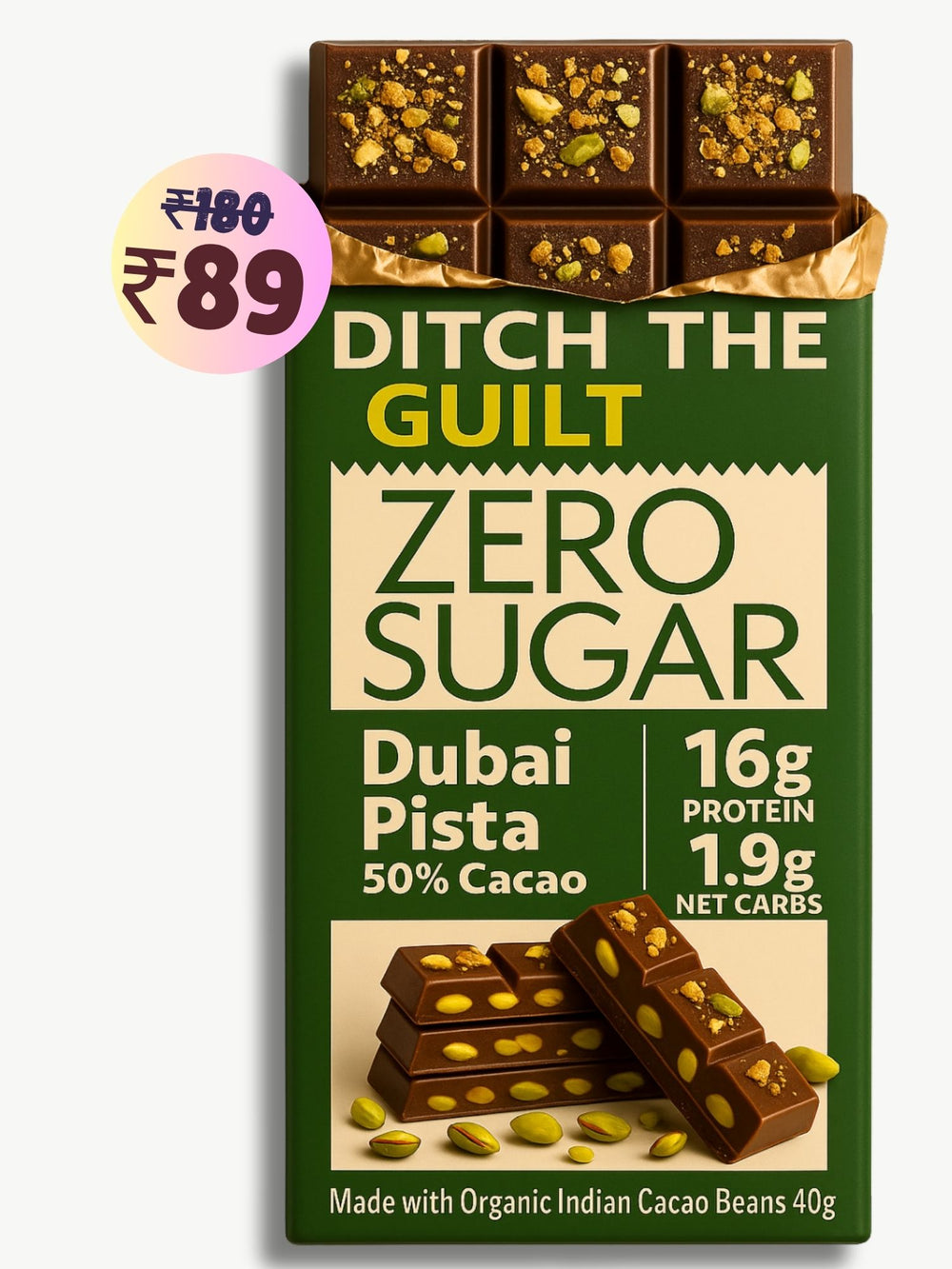 Dubai Pista Kunafa  • 16g protein • Sugar Free Dark Chocolate • 40g bar